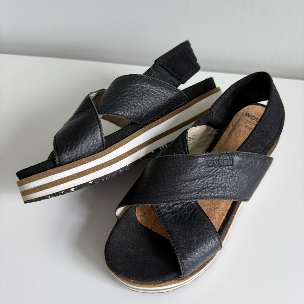 Woden of Denmark Black Leather Cross-Strap Platform Sandal with cork footbed 39